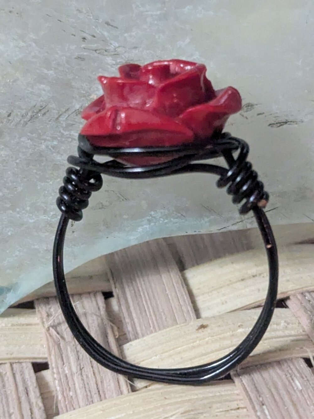 Wire wrapped rose ring size 7.5